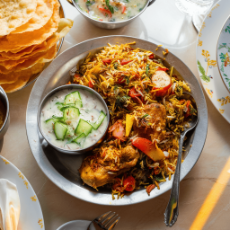 Chicken biryani, Cucumber Raita, Papadum 