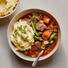 Hearty beef stew, Garlic mash potato and green beans and carrot 