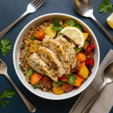 Mediterranean Chicken Bowl with Quinoa and vegetables. 