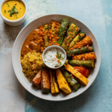 Tandoori vegetable and paneer,Vegetable pulao, Korma gravy. 